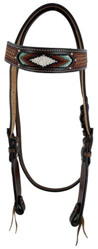 Showman Dark Brown two-tone Argentina cow leather brow-band headstall with beaded inlay design
