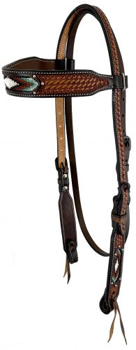 Showman Dark Brown two-tone Argentina cow leather brow-band headstall with beaded inlay design #2