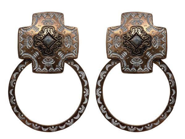 Western Style Hoop Copper Tone Dangle Earrings - Cross Post
