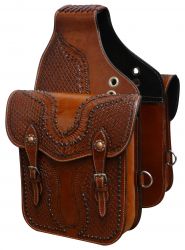 Showman Tooled leather saddle bag with antique copper conchos