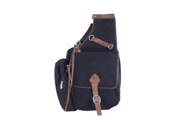 Showman Black Canvas deluxe saddle bag with flap over closure and leather buckle
