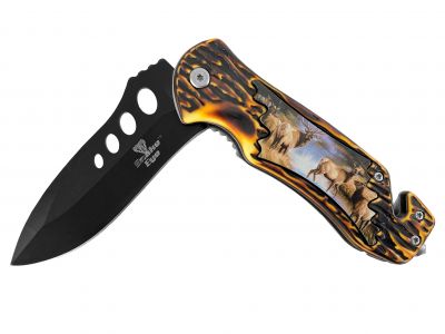 8.5" Tactical Spring Assist Knife with glass breaker and Deer Antler and Design Handle