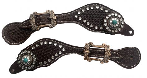 Showman Youth basket weave tooled spur straps with bling turquoise concho