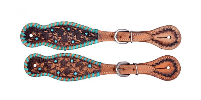Showman Ladies leather spur straps with tooled flowers with teal whip stitch