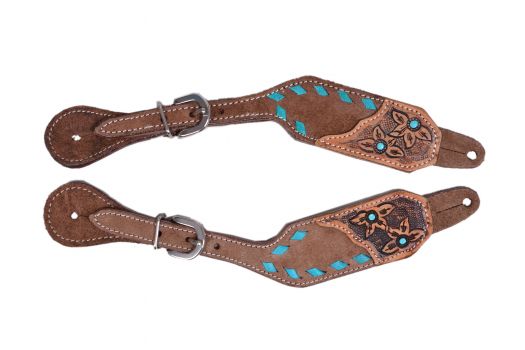Showman Ladies Chocolate Rough Out Leather spur straps with Teal buck stitch trim