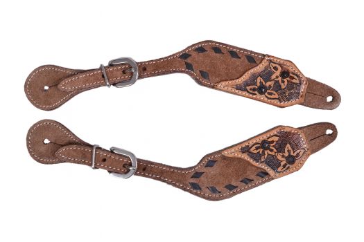 Showman Ladies Chocolate Rough Out Leather spur straps with Black buck stitch trim