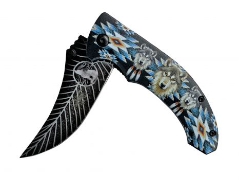 8" Knife with blue Aztec pattern and wolves on handle