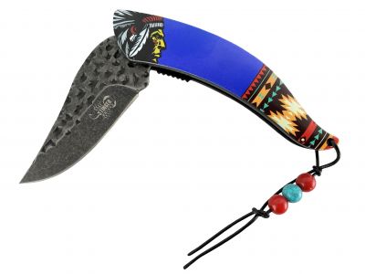8.5" Knife with Aztec pattern and Indian on handle - blue