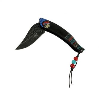 8.5" Knife with Aztec pattern and Indian on handle - black