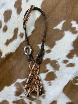 Showman Two Tone Argentina Cow Leather One Ear Headstall with Floral Tooled Inlays #2