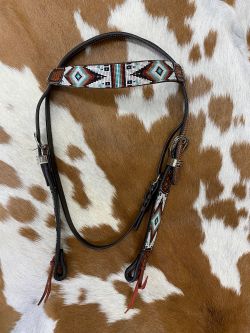 Showman Two Tone Argentina Cow Leather Browband Headstall with Southwest Beaded Inlays #2