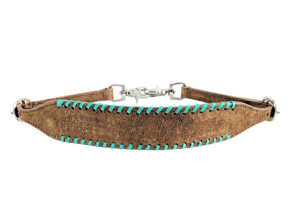 Showman Rough Out Chocolate wither strap with teal rawhide lacing