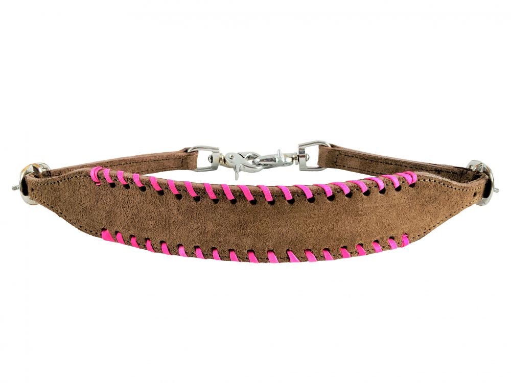 Showman Rough Out Chocolate wither strap with pink rawhide lacing