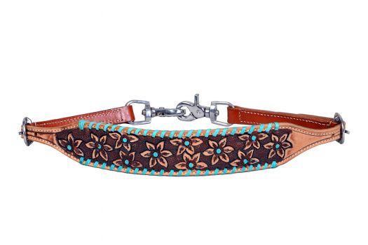 Showman Leather wither strap with tooled flowers with teal accents