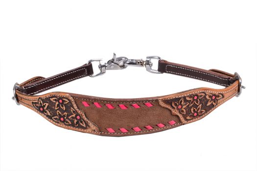 Showman Chocolate Oiled Rough Out Leather wither strap with Pink buck stitch trim