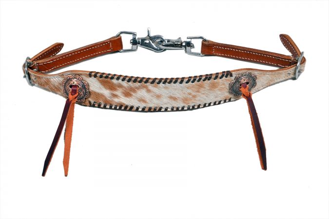Showman Hair on cowhide Leather wither strap with black rawhide lacing