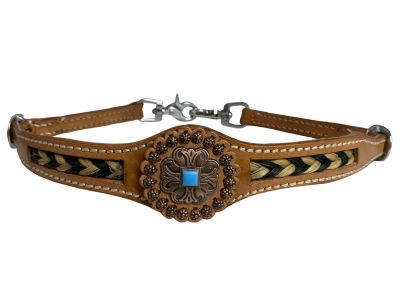 Showman Medium Oil Leather Wither Strap with copper concho and braided horse hair inlay