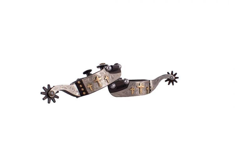 Showman Youth size brown steel spur with brass crosses and brass studs with silver engraved overlay
