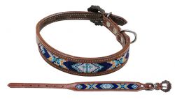 Showman Couture Beaded inlay leather dog collar with copper buckle - navy and light blue cross
