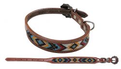 Showman Couture Beaded inlay leather dog collar with copper buckle - yellow, blue, and red