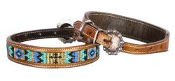 Showman Couture Genuine leather dog collar with beaded inlay - teal and gold with cross