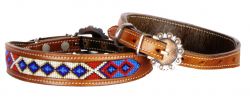 Showman Couture Genuine leather dog collar beaded inlay - cream, indigo, and red