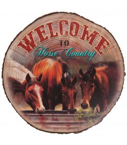 24" Faux cut wood wall décor with "Welcome to horse country" printed graphic