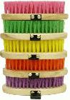 Colored pack of 10 cowboy brushes. Stiff bristles on an oval base with hand strap