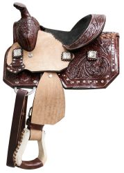 8" Double T pony saddle with floral tooled leather and crystal rhinestone conchos