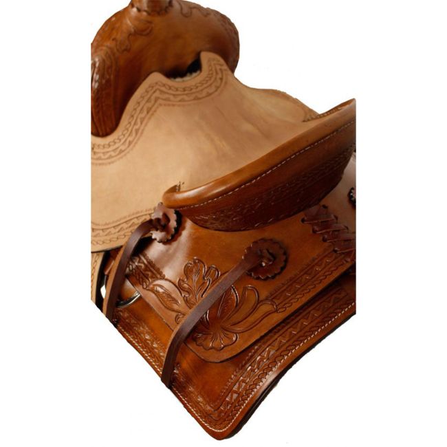 10" Double T Pony hard seat roper style saddle with acorn tooling #2