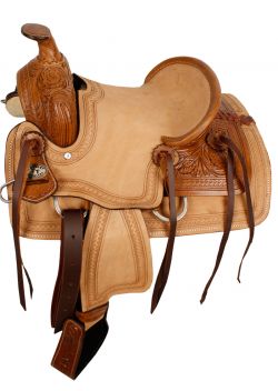 12" Double T hard seat roper style saddle with acorn tooling