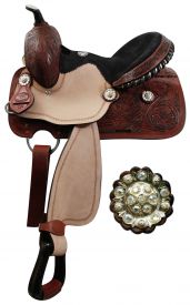 13" Youth Double T barrel saddle with fully tooled pommel, skirts and cantle