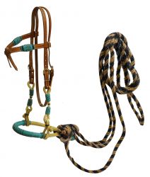 Showman leather futurity knot headstall with teal rawhide braided bosal and horse hair mecate reins