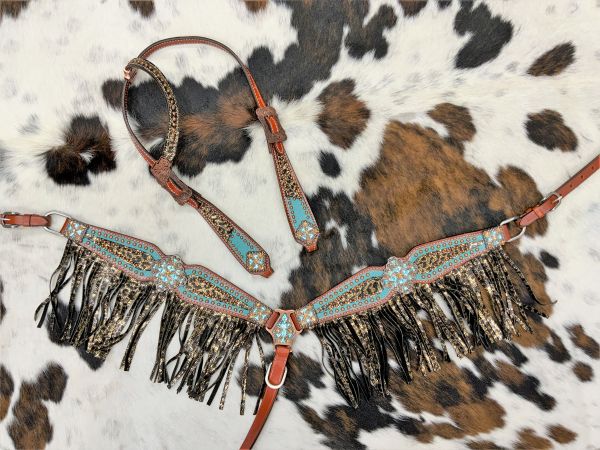 Showman Bejeweled metallic leopard print headstall and breast collar set #3