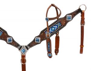Showman Headstall and breast collar with blue beaded inlay