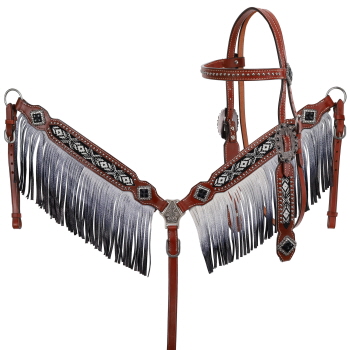 Showman Beaded Black and White Browband Headstall and Breastcollar Set