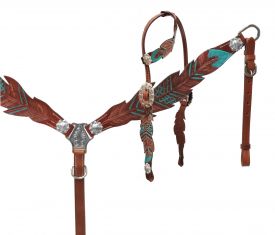 Showman Cut- out teal painted feather headstall and breast collar