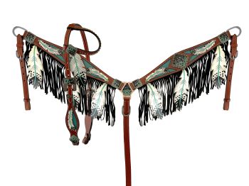 Showman Cut- out teal painted feather headstall and breast collar with black fringe