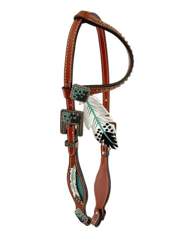 Showman Cut- out teal painted feather headstall and breast collar with black fringe #2