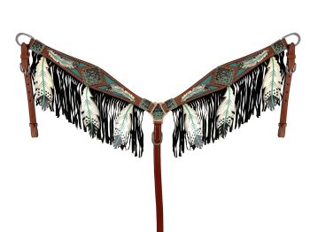 Showman Cut- out teal painted feather headstall and breast collar with black fringe #3