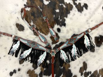 Showman Cut- out teal painted feather headstall and breast collar with black fringe #4