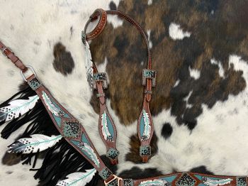 Showman Cut- out teal painted feather headstall and breast collar with black fringe #5