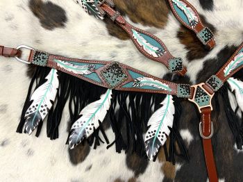 Showman Cut- out teal painted feather headstall and breast collar with black fringe #6
