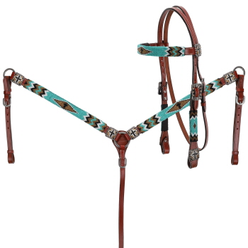 Showman Beaded Headstall and Breastcollar Set - Teal and White
