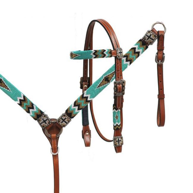 Showman Beaded Headstall and Breastcollar Set - Teal and White