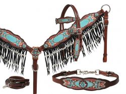 Showman Antique inspired print overlay headstall, breast collar and wither strap set with pearl fringe