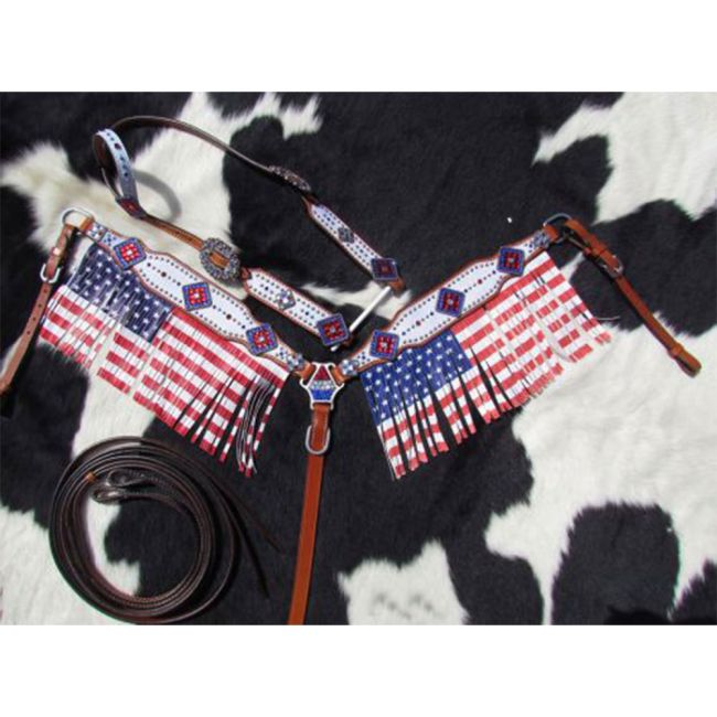 Showman American Flag fringed headstall and breast collar set #2