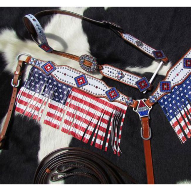 Showman American Flag fringed headstall and breast collar set #3