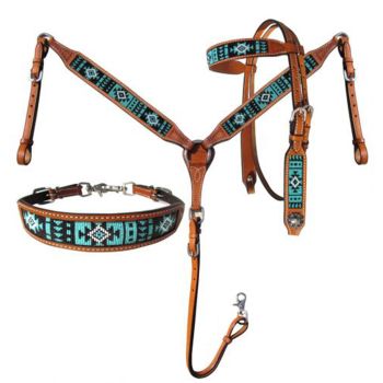 Showman Argentina Cow Leather 3-Piece Turquoise Aztec Beaded Browband Headstall & Breastcollar