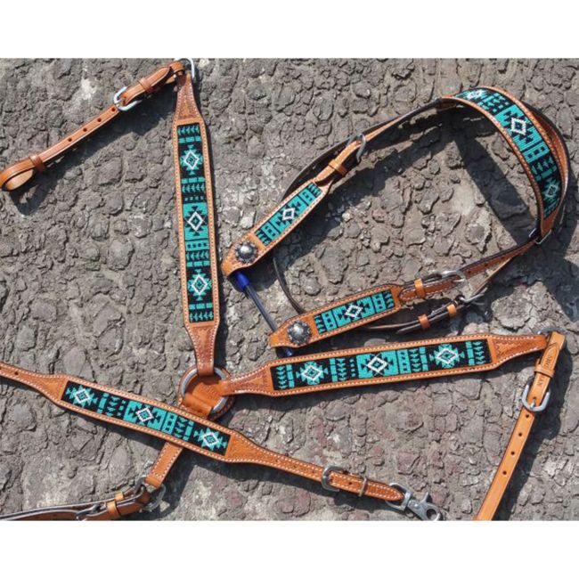Showman Argentina Cow Leather 3-Piece Turquoise Aztec Beaded Browband Headstall & Breastcollar #2